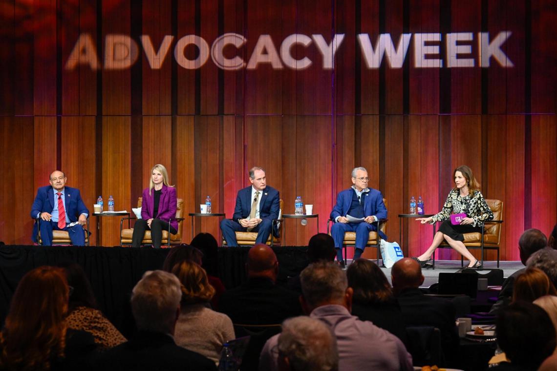 NAR Chief Advocacy Officer Shannon McGahn (right) hosts a panel with the co-chairs of the Congressional Real Estate Caucus (from left) Reps. Lou Correa, Brittany Pettersen, Tracey Mann, and Mark Alford.